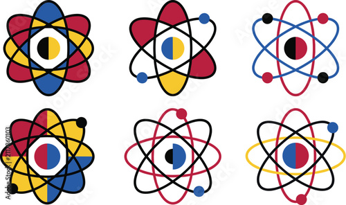 Foto Set of colorful atom and molecule structure featuring red, yellow, blue, and bla