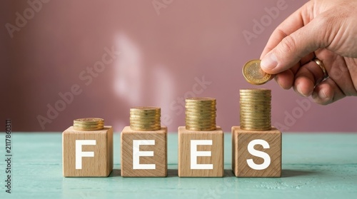 Wooden blocks spelling fees with growing coin stacks and hand placing a coin