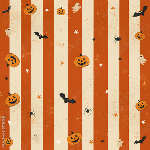 Halloween seamless pattern with vertical orange and white stripes, pumpkins, ghosts, bats, and spiders