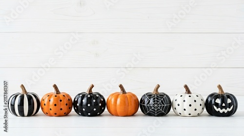 A row of decorative pumpkins with various patterns and colors arranged on a white wooden background for halloween