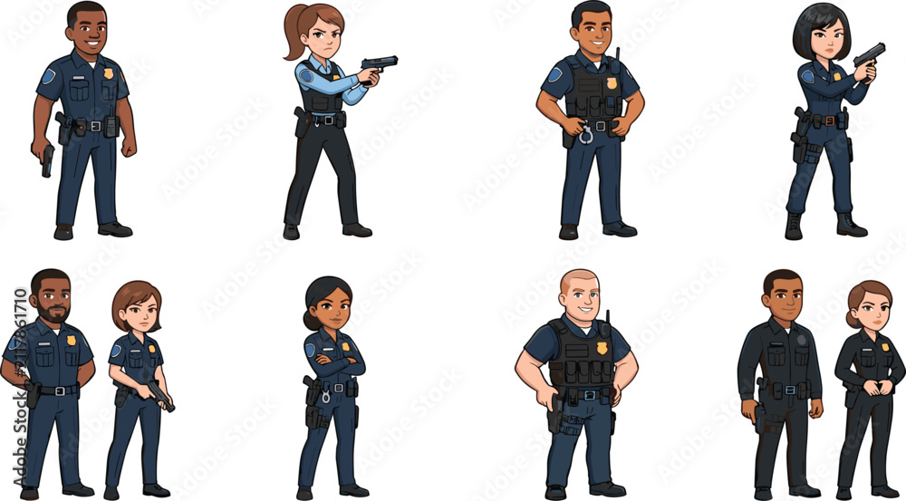 Obraz premium Police officers cartoon character diverse set standing holding weapons isolated on white background flat vector illustration,