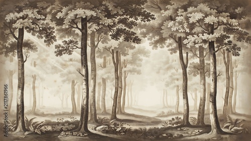 Misty Forest Pathway Surrounded By Tall Trees And Lush Greenery In Serene Nature Setting