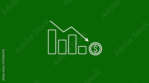 Stock Market Crash Bar Chart Line Icon. Down graph with dollar icon. Black line art bar chart with falling arrow and dollar symbol representing economic recession and stock drop animation.