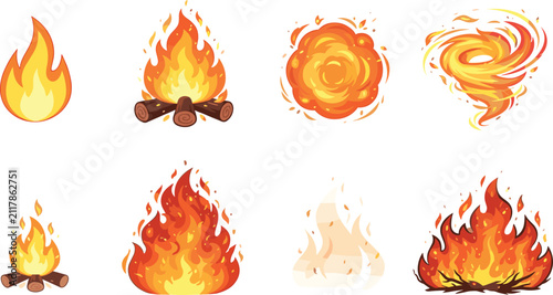 Bild auf Leinwand Cartoon fire flame effect and campfire icon set vector illustration with various