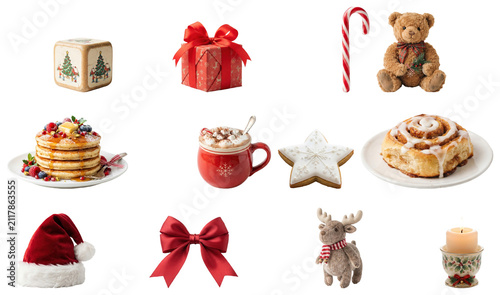Konstfotografi A festive collection of Christmas morning gifts, decorations, toys, and breakfast treats on a white background