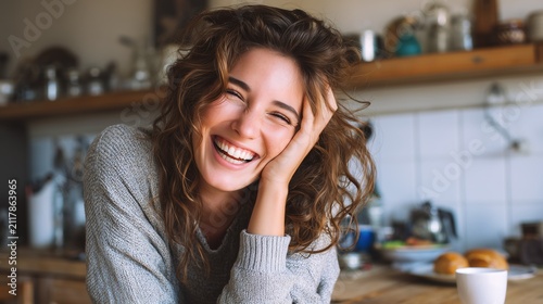 Happy Woman Smiling in Cozy Sunlit Kitchen