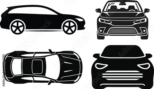 Black car silhouettes showing multiple angles for automotive design