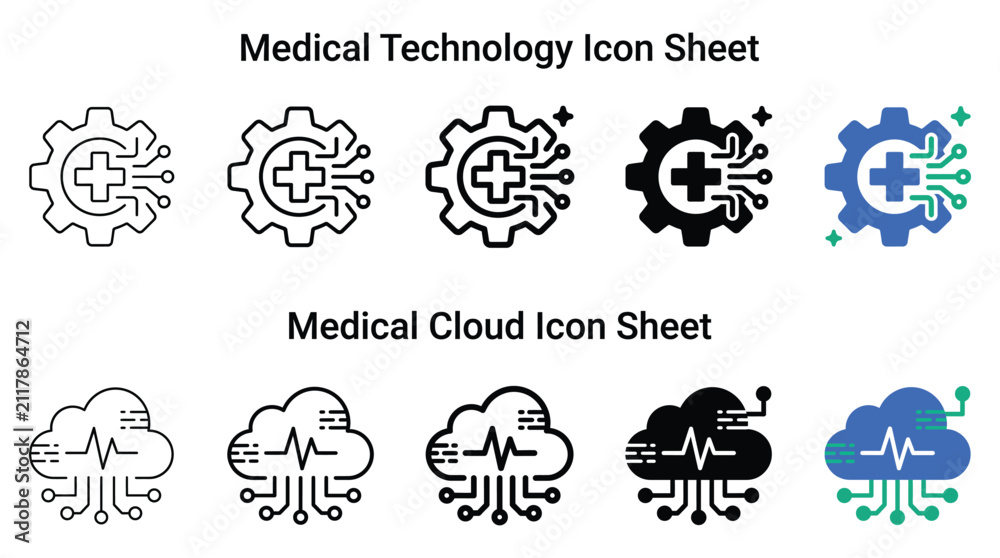 Obraz premium Medical technology and cloud icon sheet featuring minimalist vector designs with gears and pulse signals for modern healthcare digital interface applications and professional web graphic assets