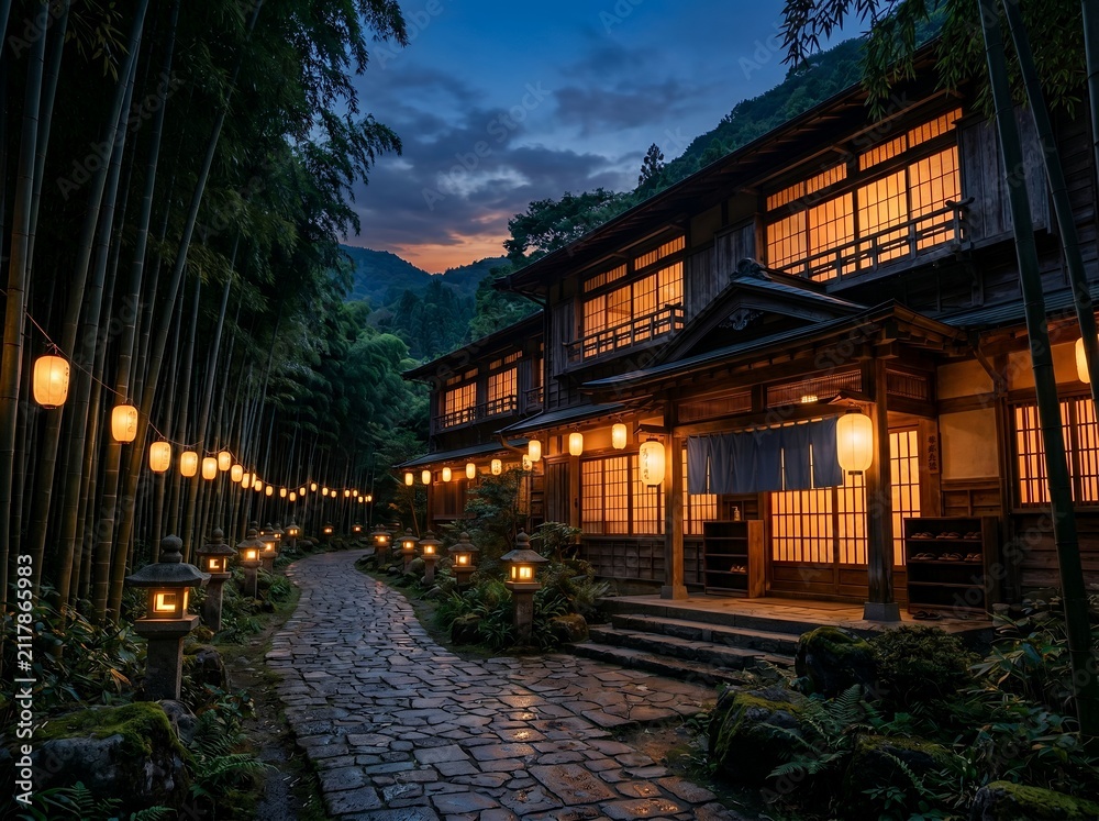 Fototapeta premium 夜の竹林を優しく照らす提灯と趣ある日本旅館の風景