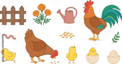 Cute chicken coop farm elements vector cartoon illustration collection set