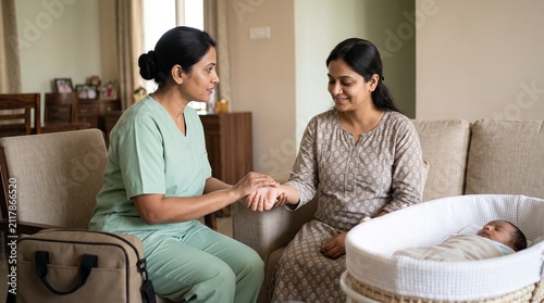 Indian mother with nurse at home, postpartum depression wellbeing visit, pulse check and sleeping baby, realistic healthcare support scene