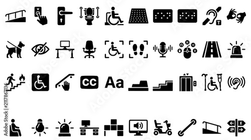 Comprehensive accessibility icons set showing disability symbols and inclusive design elements. EPS Editable