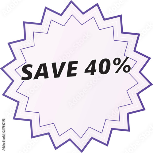 Violet Starburst Shape Promotional Tag Featuring A Forty Percent Discount Message