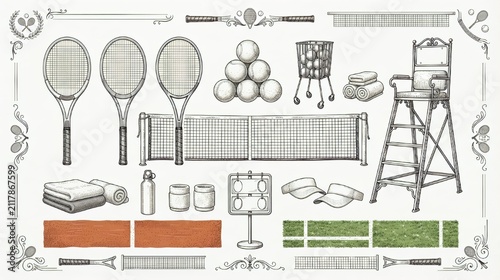 Hand-drawn tennis sport equipment elements vector illustration draw