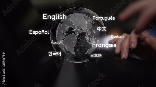 Foto Global communication with multiple languages, digital translation tools, multilingual technology, cross-cultural communication, and virtual language learning environments