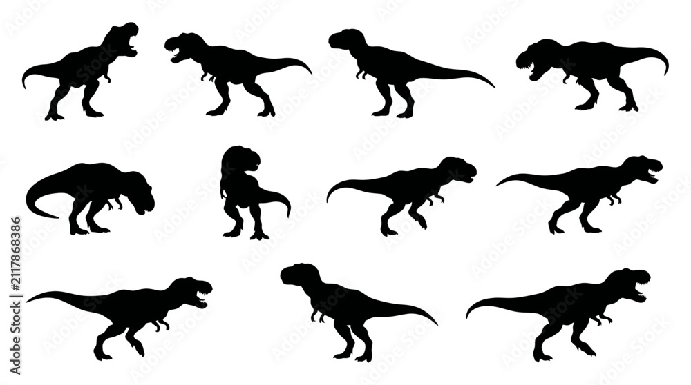 Obraz premium Tyrannosaurus Rex Dinosaur Silhouettes In Various Poses Silhouette