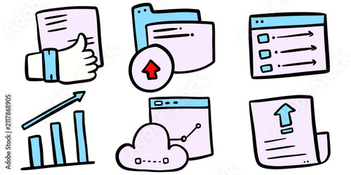 Data upload and business analytics doodle icon set