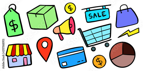 Shopping and e-commerce doodle icon set