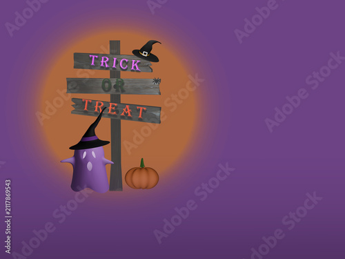 Trick or treat rickey old wooden signpost in foggy Halloween scene