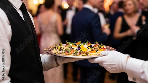 A server in a formal vest serving gourmet appetizers on a silver tray at an elegant evening party event indoors