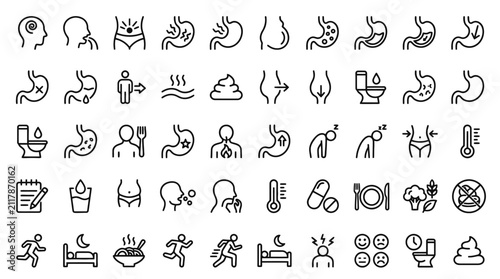 Medical line icon set representing digestive system problems stomach pain heartburn constipation and gastrointestinal symptoms. EPS Editable