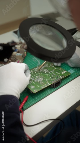 Close-up an electronics technician soldering a printed circuit board during electronic equipment repair. Precision engineering, PCB diagnostics, right to repair. Technology and electronics service.
