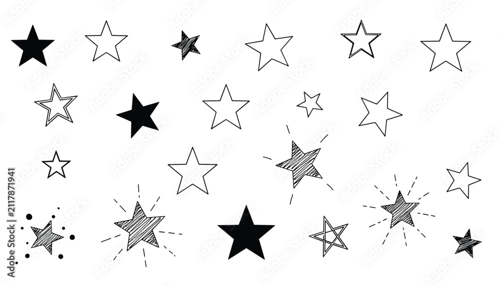 Fototapeta premium Assortment of hand-drawn stars in various styles, including solid, outlined, and scribbled designs, ideal for decorative and festive graphics.