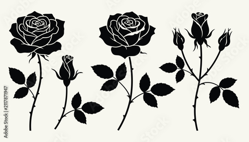 Collection of elegant black silhouettes of roses, including blooming flowers, buds, and stems with leaves, for floral design and decor.