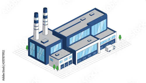 Isometric view of a modern industrial factory with chimneys, glass facade, and warehouse, representing manufacturing and business infrastructure.