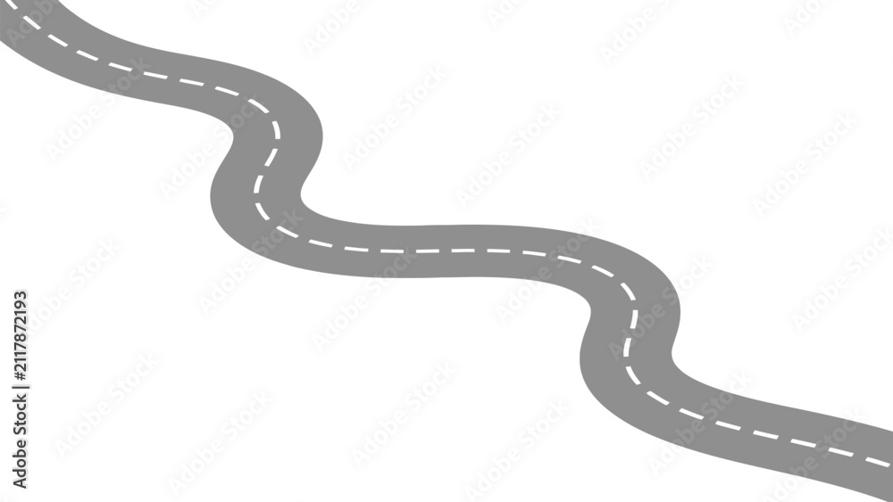 Fototapeta premium Winding asphalt road illustration with white dashed lane markings on a simple curved path Vector