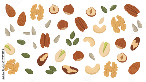 Foto Set of assorted raw nuts and seeds including walnuts almonds hazelnuts and pista