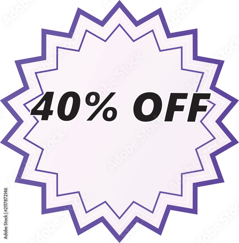 A purple 40 percent off sale badge with a starburst design and bold black typography