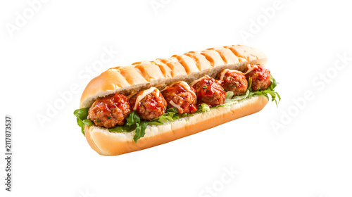 Meatball sub sandwich with lettuce and sauce