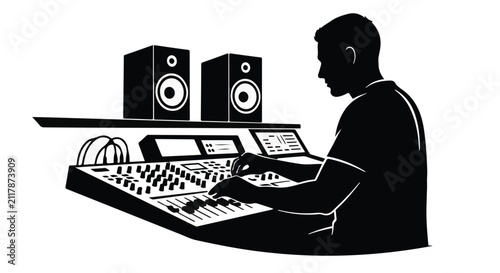 Fotografie Silhouette illustration depicts a sound engineer operating an audio mixing console with studio monitors on a shelf in a recording studio setting