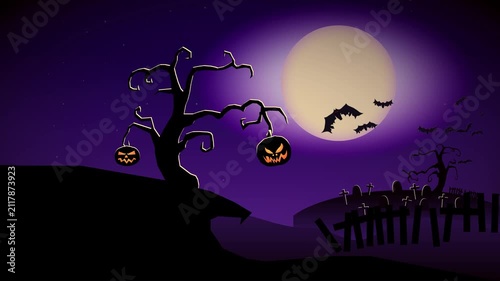 Halloween Haunted House with Full Moon, Flying Bats and Glowing Pumpkins 4K Animated Background