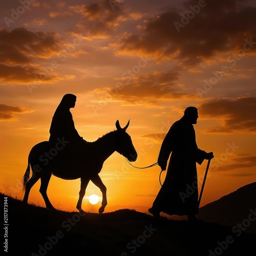 Silhouette of Mary on a donkey, with Joseph guiding them as they journey through a breathtaking sunset