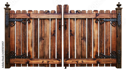 Rustic wooden gate isolated on a transparent background, showcasing aged timber, decorative metalwork, and a charming, weathered aesthetic for design