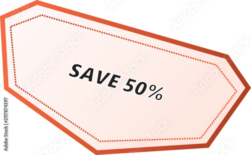 Red Bordered Discount Tag with Save Fifty Percent Text for Sales Promotion and Retail Marketing