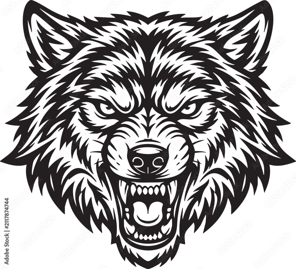 Fototapeta premium Black and white of a snarling wolf head with detailed fur texture