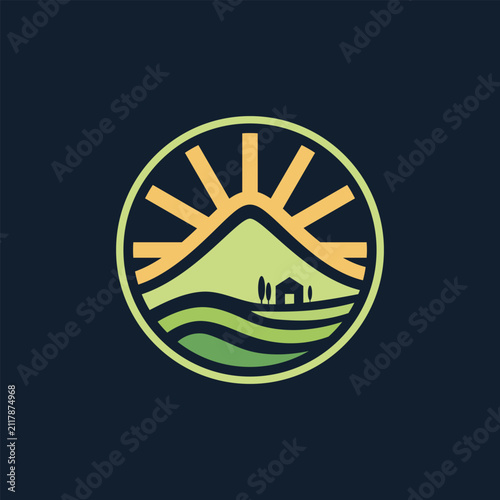 Minimalist vector logo farmfield with sunrise over rolling hills on dark background