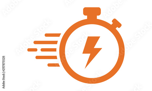 Modern stopwatch icon with a central lightning bolt and motion lines representing speed and energy in a minimalist flat design concept