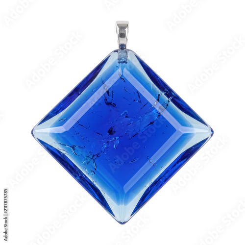 Diamond shape royal blue fused glass pendant with pale ice blue layers, translucent geometric glass pendant isolated on pure transparent background