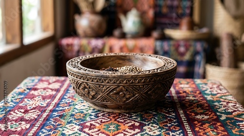 Intricately carved wooden bowl with spices on a colorful textile