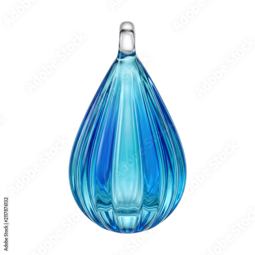 Teardrop shape blue fused glass pendant with layered aqua tint, translucent handcrafted glass jewelry element isolated on solid transparent background
