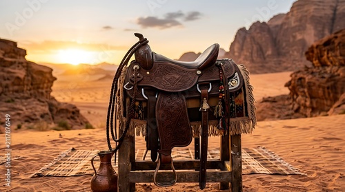 Traditional leather saddle on wooden stand in desert at sunset