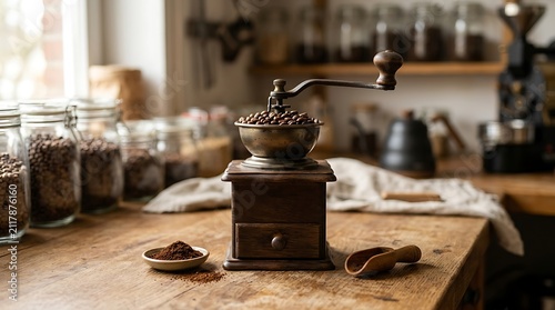 Antique coffee grinder with fresh beans in a rustic kitchen setting