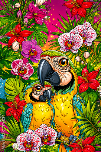 Zwei bunte Aras zwischen tropischen Orchideen und exotischen Blumen – farbenfrohe Illustration