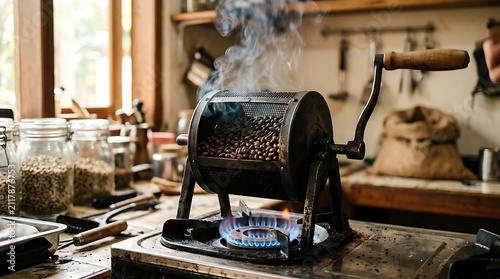 Hand crank coffee roasting machine with smoke and fresh beans