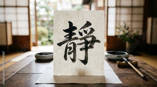 Japanese calligraphy of the kanji for peace in a zen room