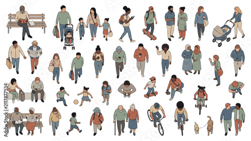 Top View Global Multicultural Architectural Entourage Collection with Diverse People, Families, Urban Activities and Scandinavian Editorial Flat Vector Elements Isolated on White